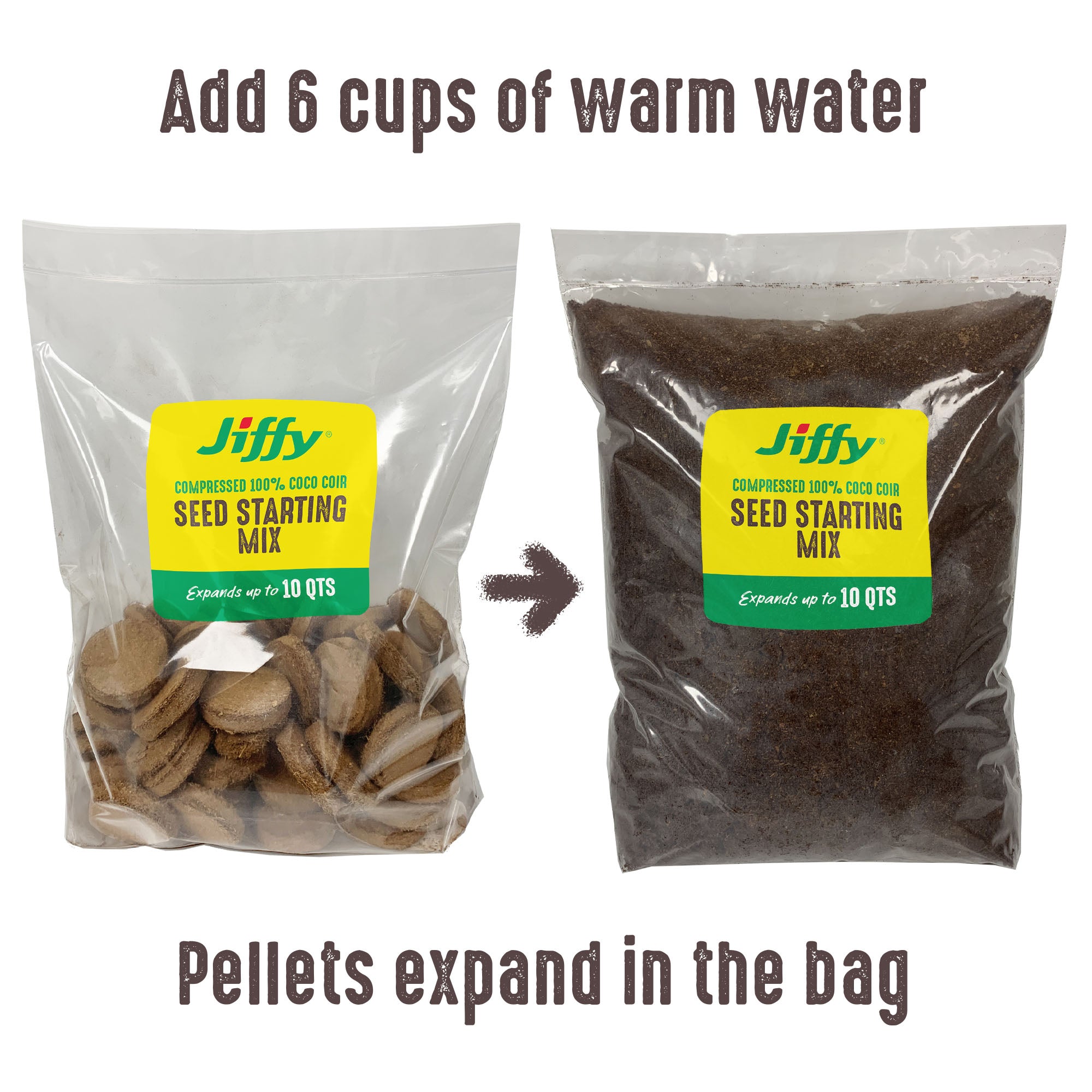 Jiffy seed starting mix packaging with pellets and expanded mix on a white background.